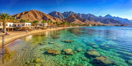 Sunny beach resort on the Red Sea coast in Dahab, Sinai, Egypt with clear blue water and sandy shore photo