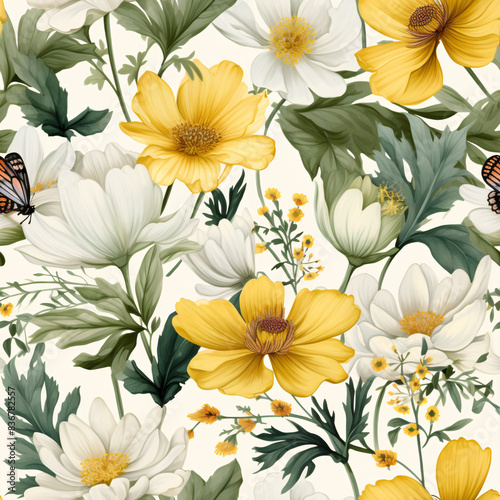 A seamless pattern featuring vibrant watercolor wildflowers with delicate yellow blooms and lush green leaves intertwined with intricate insects