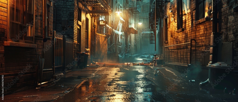 Fototapeta premium Nighttime urban alleyway with atmospheric lighting lamp 