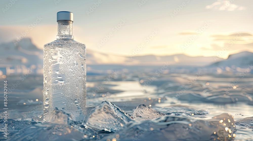Frosted Vodka Bottle Resting on Ice Glacier, Illuminated by Soft Cold Light Against Clear Skies
Frosted Vodka Bottle Resting on Ice Glacier, Illuminated by Soft Cold Light Against Clear Skies