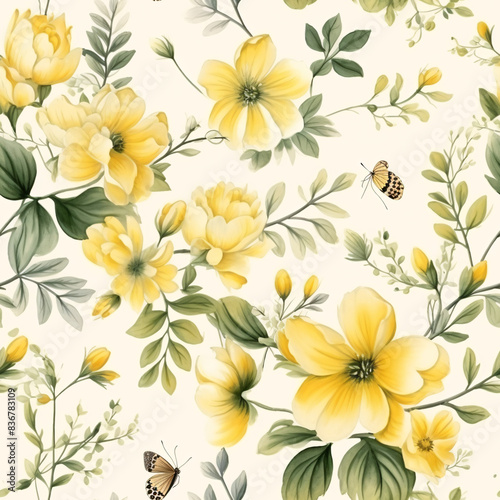 Classic vintage design with watercolor yellow flowers, leafy green branches, and small insects in a continuous, seamless pattern