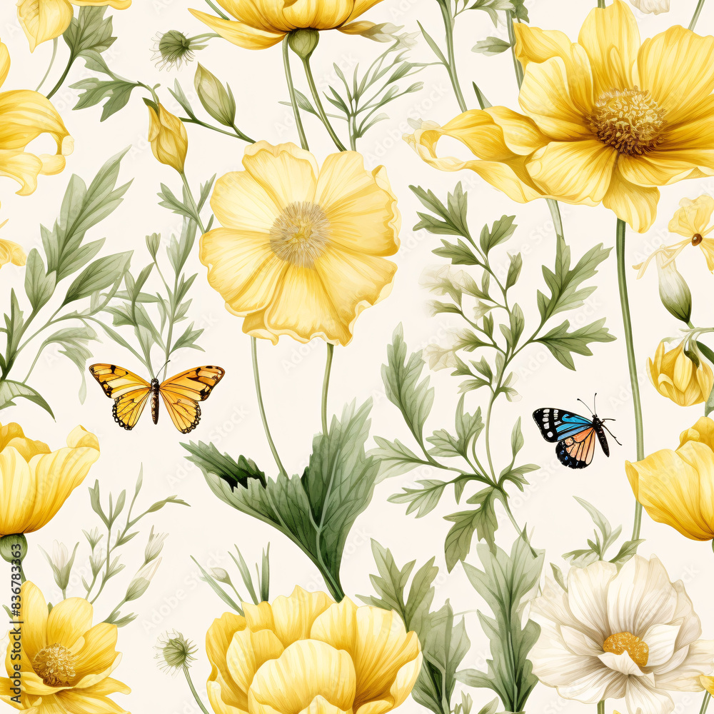 Detailed watercolor illustration of wildflowers featuring yellow petals and green leaves, accented by delicate insects, in a seamless vintage luxury pattern Detailed watercolor illustration of wildflowers featuring yellow petals and green leaves, accented by delicate insects, in a seamless vintage luxury pattern