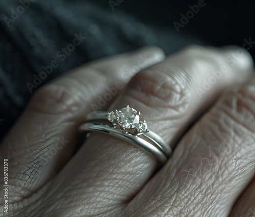 A hand holding a ring with three diamonds on it