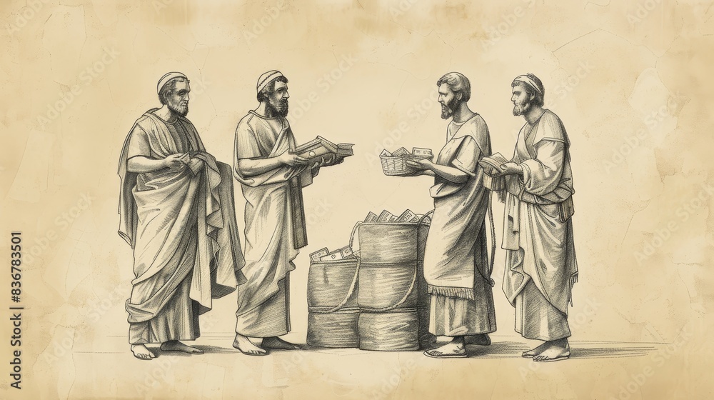 Fototapeta premium Biblical Illustration of the Parable of the Talents, Servant Burying Talent on Beige Background with Copyspace