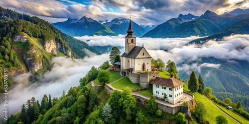 Aerial view of a church on steep slopes in La Va, South Tyrol, Italy, surrounded by lush greenery and cloud covered mountains in the background photo
