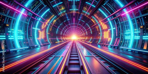 Abstract of a high-speed data tunnel with neon lights and abstract patterns