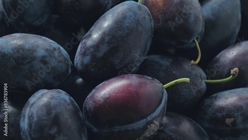 Top view of fresh ripe plums rotating on board. Harvest time. Healthy and organic fruit concept