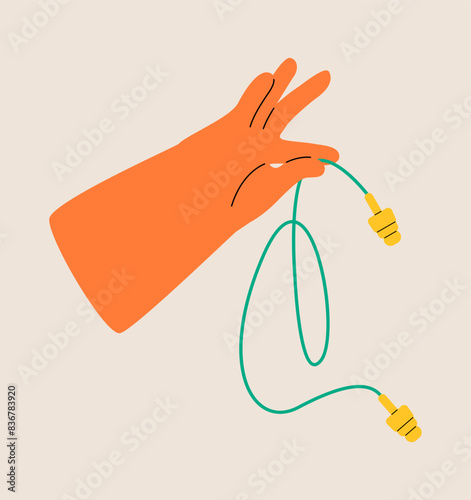 Hand holding a earplugs equipment. Colorful vector illustration