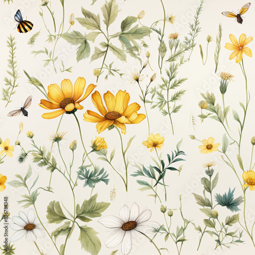 Watercolor illustration featuring wildflowers with yellow blooms and green leaves, accented by delicate insects