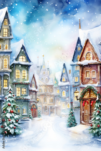Watercolor Christmas village in snowfall. Colorful houses and snow covered street. Watercolor illustration.