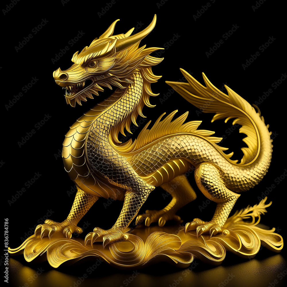 Obraz premium ゴールド素材のドラゴンの像 黒背景