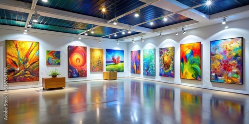 Abstract art gallery with colorful modern paintings on display, contemporary, museum, exhibit, artwork, artistic, gallery, interior, design, creative, colorful, modern, paintings, abstract