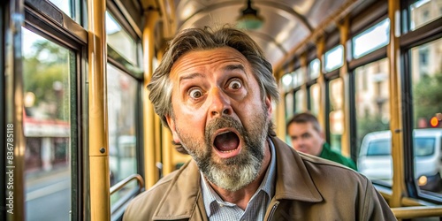 Middle-aged man with a shocked expression riding inside a tram, capturing a moment of unexpected surprise or bewilderment, tram, public transportation, passenger, middle-aged, man, surprise photo
