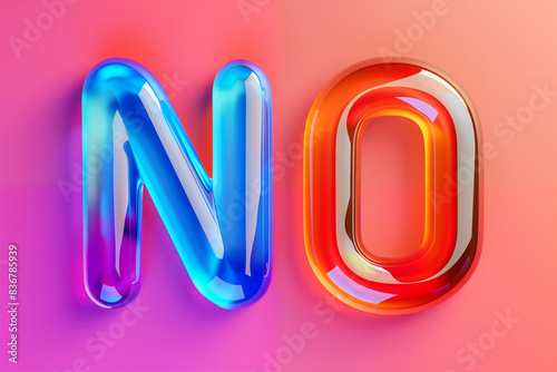 3D rendering of the word "NO" in vibrant colors on a gradient background. The letters have smooth, glossy surfaces with intricate details and reflections that give them an elegant appearance