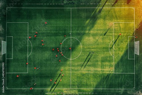 aerial topview of a soccer field, half of the pitch in the shadow, football players on the field photo