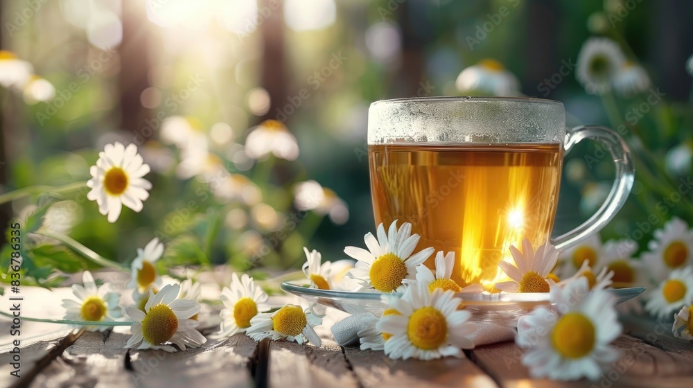 Herbal chamomile tea in a glass cup on a wooden background. There are beautiful fresh chamomile flowers nearby. Alternative medicine. Herbal chamomile tea in a glass cup on a wooden background. There are beautiful fresh chamomile flowers nearby. Alternative medicine.