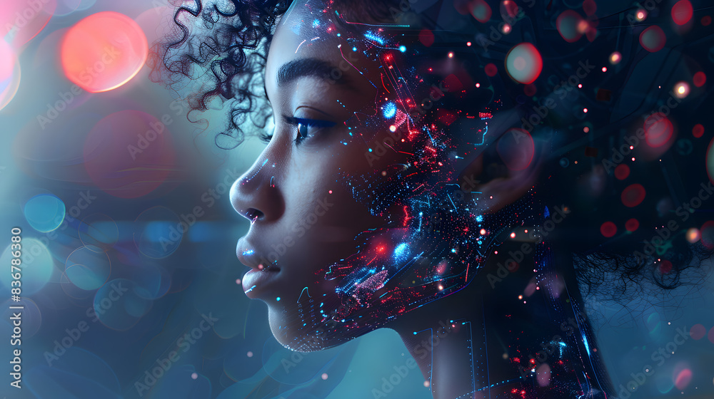 Portrait of an African American woman in artificial intelligence style. AI Generated Portrait of an African American woman in artificial intelligence style. AI Generated