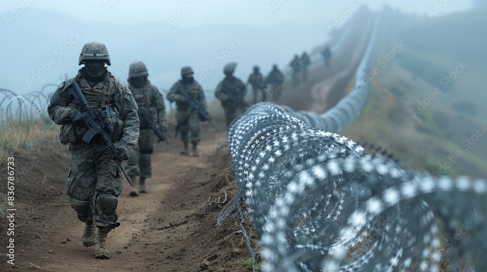Military and border guards with weapons stand along the border with ...
