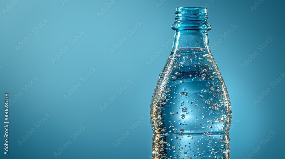 A close-up of a modern, clear glass water bottle filled with fresh, clear water, against a subtle, subdued background. A close-up of a modern, clear glass water bottle filled with fresh, clear water, against a subtle, subdued background.