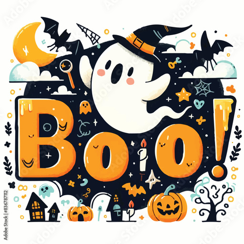 Hand-drawn vector lettering boo. Happy Halloween ghost flying. Cute funny boo character