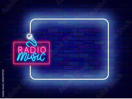 Radio music neon poster. Podcast ad streaming. Online broadcast. Bright greeting card. Empty white frame and text with microphone. Glowing banner. Editing text. Vector stock illustration