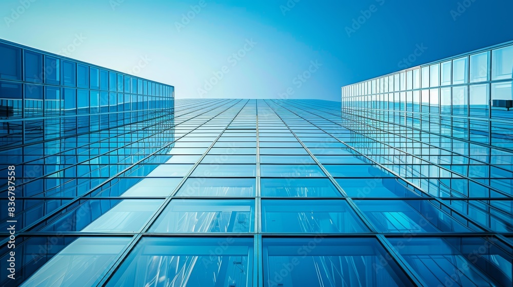 Obraz premium A futuristic glass skyscraper reflecting a clear blue sky, showcasing modern architecture and a sense of clarity and transparency.