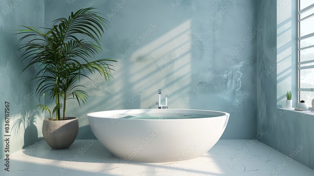 A minimalist bathroom with clean lines, featuring a white bathtub filled with clear water and a single, green plant for a touch of nature. A minimalist bathroom with clean lines, featuring a white bathtub filled with clear water and a single, green plant for a touch of nature.