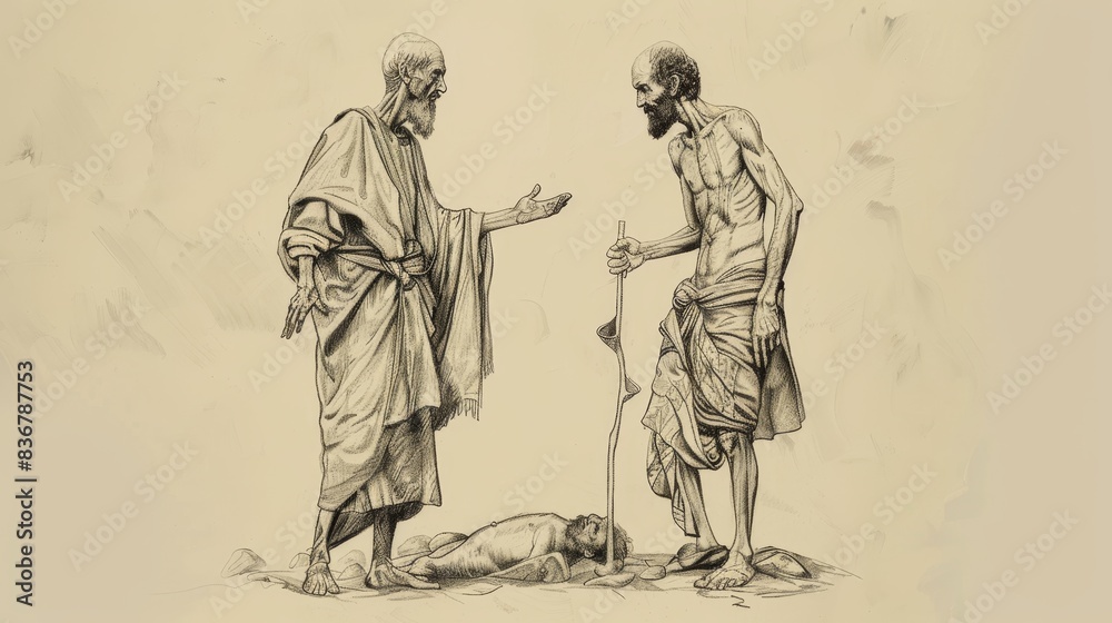 Parable of the Rich Man and His Manager Illustration: Manager Securing Future, Beige Background, Biblical Copyspace Parable of the Rich Man and His Manager Illustration: Manager Securing Future, Beige Background, Biblical Copyspace