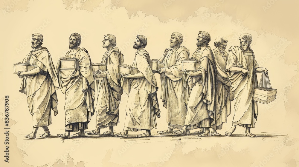 Fototapeta premium Parable of the Ten Minas Illustration: Servants Managing Money, Beige Background, Biblical Copyspace