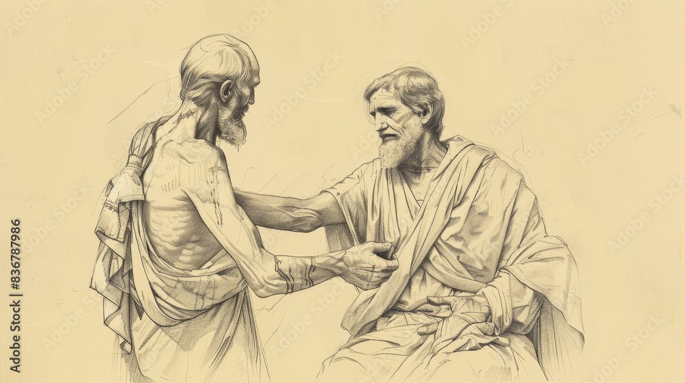 Fototapeta premium Parable of the Good Samaritan Illustration: Samaritan Helping Injured Man, Beige Background, Biblical Copyspace