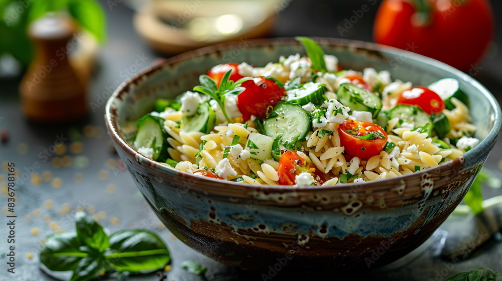 Orzo pasta salad with cherry tomatoes, cucumbers, and feta cheese in a serving bowl. Orzo pasta salad with cherry tomatoes, cucumbers, and feta cheese in a serving bowl.