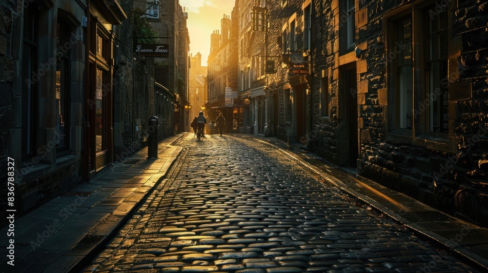 Lone figure strolling down an old cobblestone street at sunset, bathed in golden light with historic buildings lining the narrow pathway Lone figure strolling down an old cobblestone street at sunset, bathed in golden light with historic buildings lining the narrow pathway