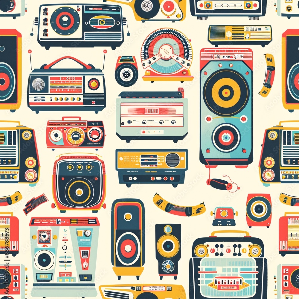 A seamless pattern of whimsical retro equipment such as classic jukeboxes, radios, and tape recorders creating a fun and detailed continuous design A seamless pattern of whimsical retro equipment such as classic jukeboxes, radios, and tape recorders creating a fun and detailed continuous design