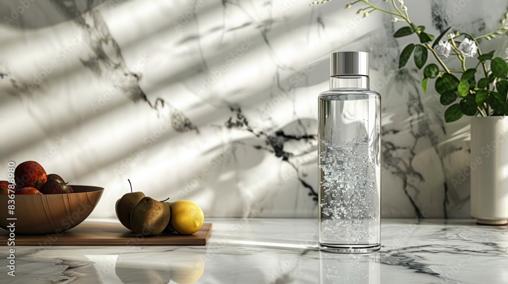 A simple, yet elegant, glass water bottle with a clean design, sitting on a marble countertop, symbolizing modern sustainability and health-conscious living. A simple, yet elegant, glass water bottle with a clean design, sitting on a marble countertop, symbolizing modern sustainability and health-conscious living.