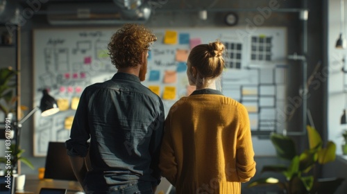 Team brainstorming new ideas in creative office space. Two people are standing and looking at a whiteboard full of sticky notes and diagrams.