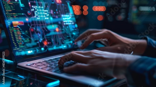 A persons hands are shown typing on a laptop keyboard. The screen displays a cybersecurity interface with a digital map and data points © Ilia Nesolenyi