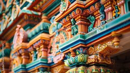 A closeup of the intricately carved and brightly colored exterior of a South Indian temple. The vibrant decorations showcase the beauty and spirituality of the temple