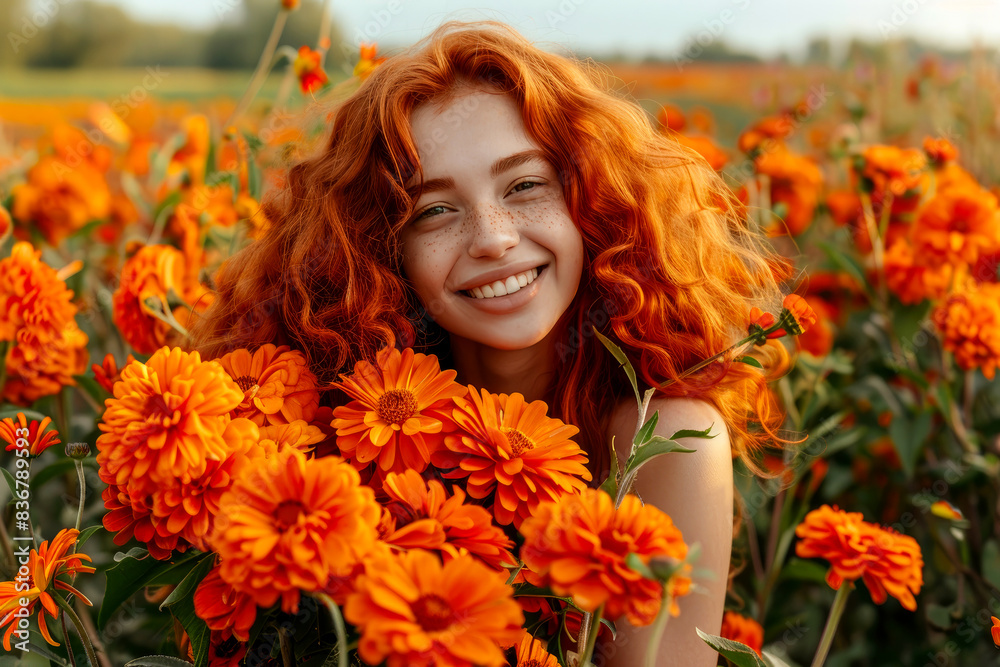 Naklejka premium portrait of a happy, smiling, red-haired woman with freckles and long hair with a large bouquet of orange flowers against the backdrop of a large flowering field
