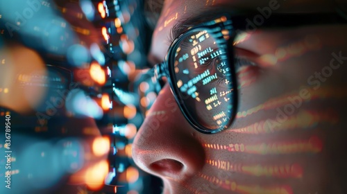 A close-up, low-angle shot of a person wearing glasses, intently looking at a computer screen displaying code with the word GmV highlighted