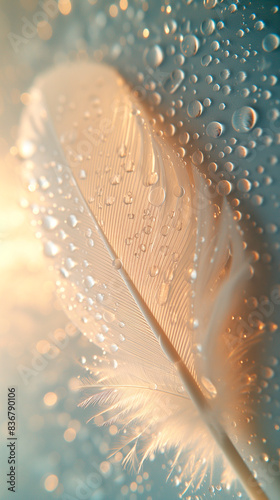 Fluffy white feather with water drops on light background, closeup