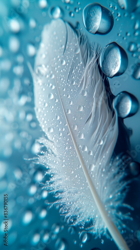 Fluffy white feather with water drops on light background, closeup