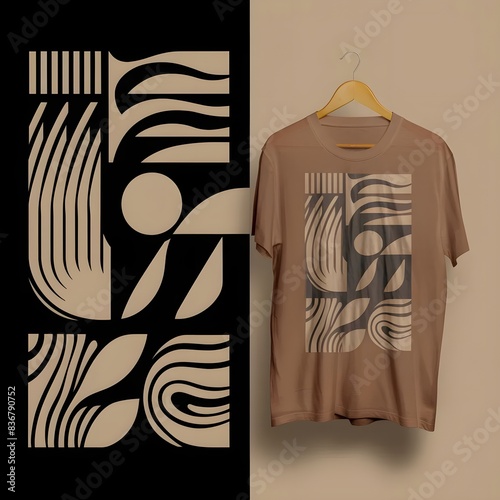 T-shirts in various patterns & brown color displayed front & back. Designs feature geometric shapes, abstract lines, & text. A diverse collection of style.