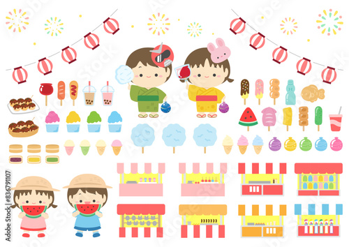 夏祭りのイラスト素材セット、子供と屋台の食べ物のベクターイラスト
