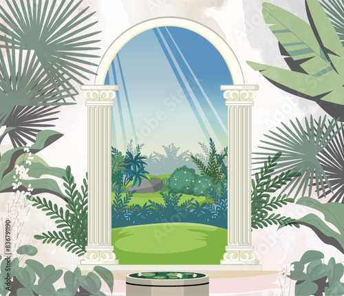 Mughal garden arch, plant, peacock illustration. Traditional Islamic vector pattern design for invitation