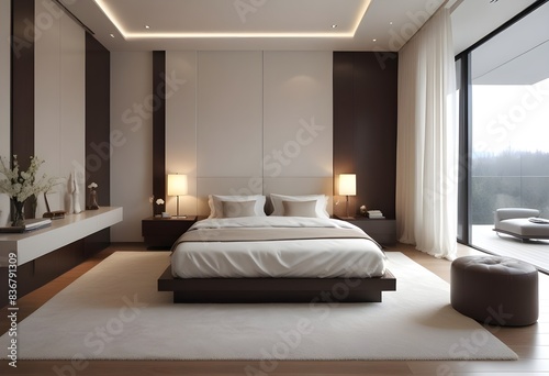 Modern minimalist bedroom. contemporary interior.  © Gia