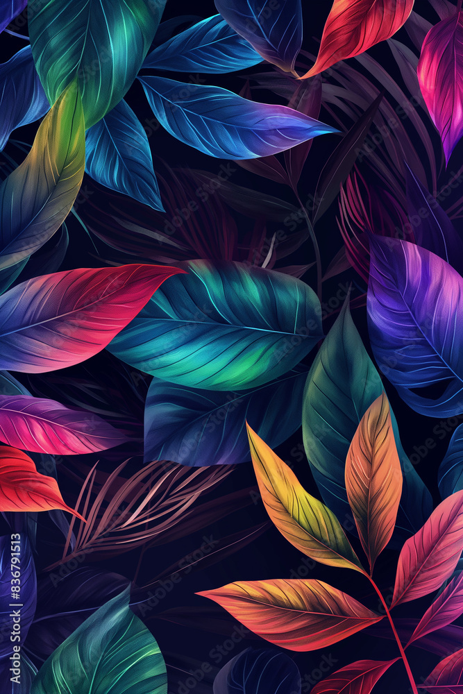Background with tropical leaves and neon light