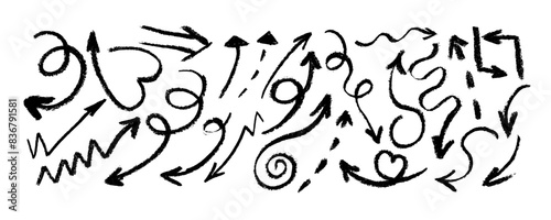 Collection of arrows. One-stroke drawing. Hand-drawn by brush. Straight, round, thick, thin, spiral signs and icons.