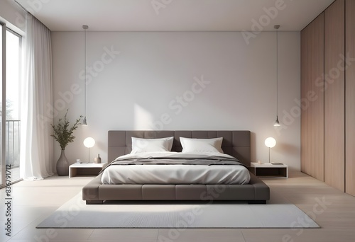 Modern minimalist bedroom. contemporary interior. 