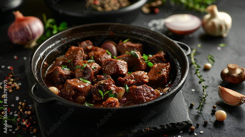 Savory beef bourguignon stew with tender chunks of beef, mushrooms, and pearl onions. Savory beef bourguignon stew with tender chunks of beef, mushrooms, and pearl onions.