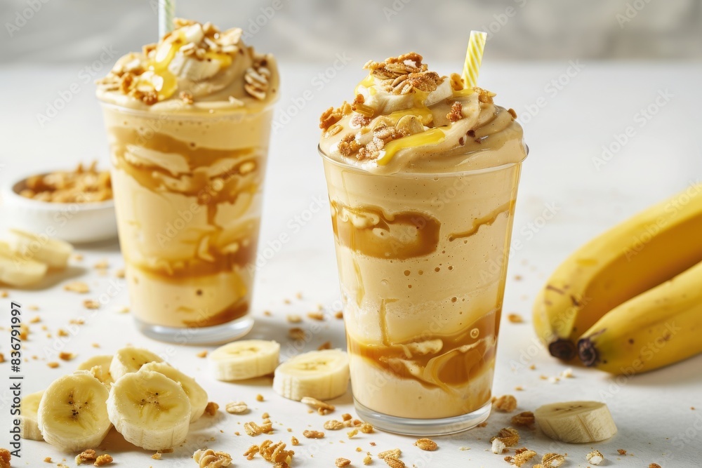 Freshly pressed banana juice smoothie with banana toppings on white background photography Freshly pressed banana juice smoothie with banana toppings on white background photography